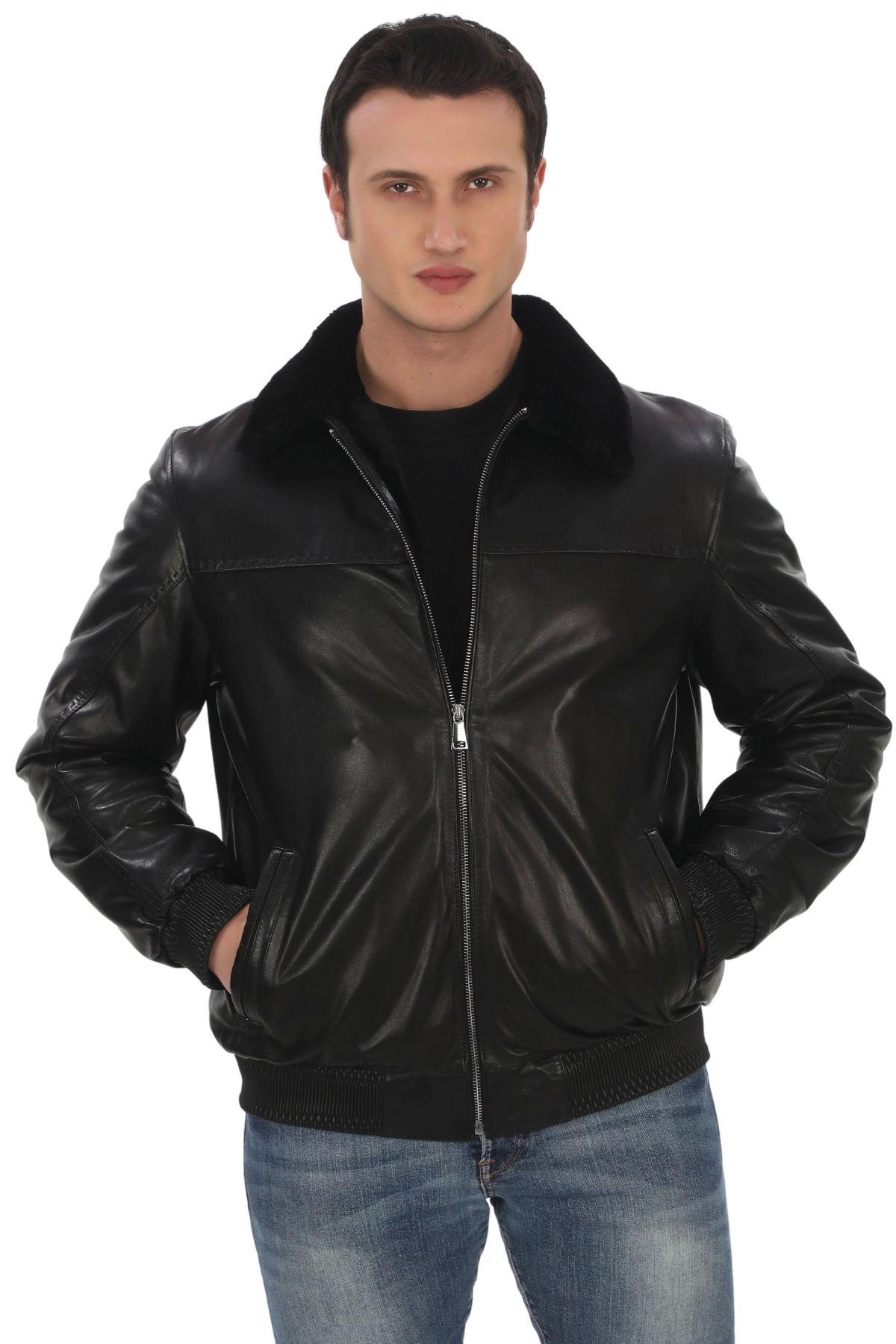 

Men s Genuine Lambskin Coat Black Fur Bomber Leather Jacket Winter Warm and Stylish Outerwear 2XL чорний