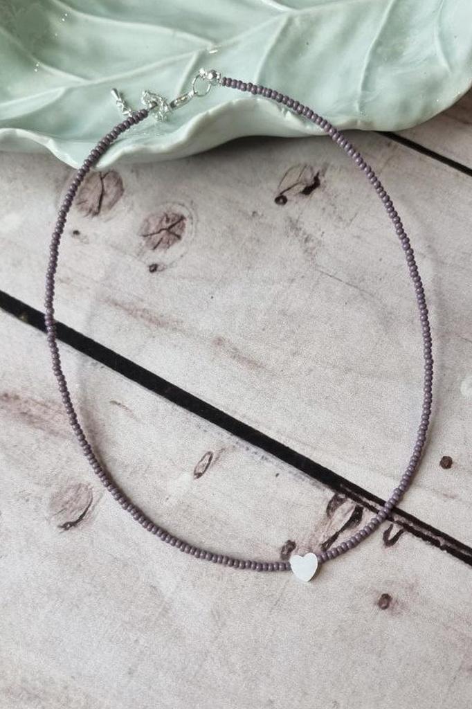 Handmade Choker with Dark Purple Seed Beads and Natural Heart Shell Pendant