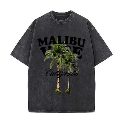 Malibu Vibe California Palm Tree Graphic Distressed Faded Baggy Streetwear Tops For Park Hangouts