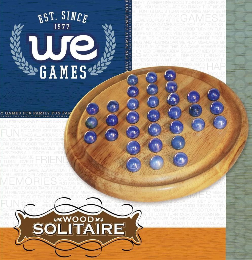 We Games Solid Wooden Solitaire with Blue Glass Marbles