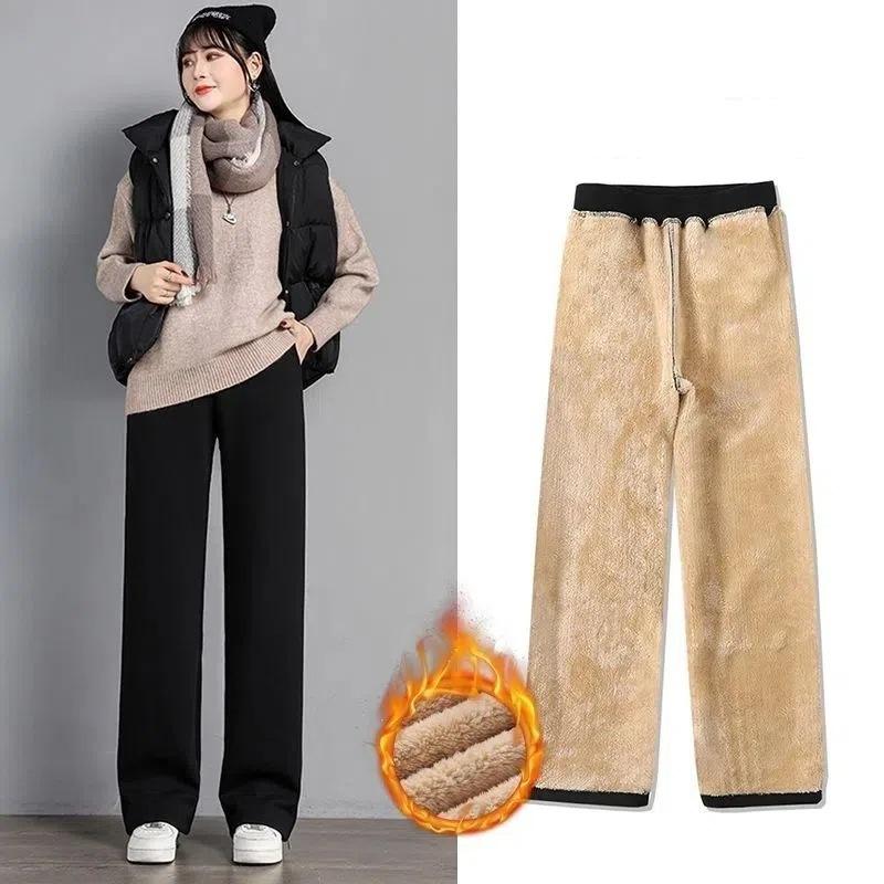 

Плюс бархат Теплый овечий бархат Повседневные брюки Осень и зима Прямые широкие свободные спортивные брюки Женские осенне-зимние прямые S чёрный