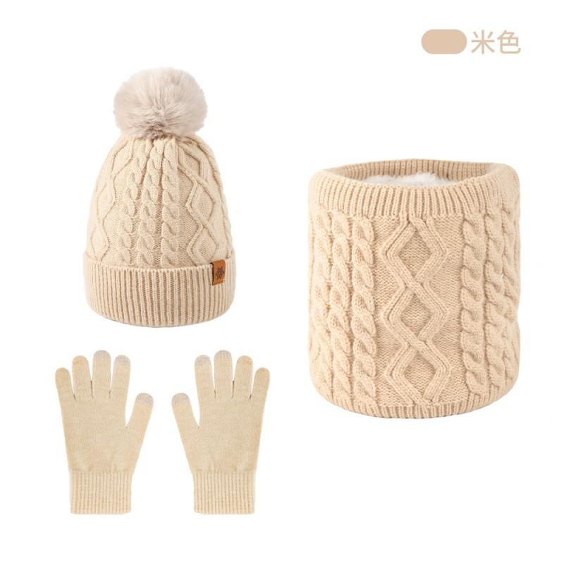 Womens Winter Knitted Hat Scarf Gloves Set Warm Fleece-Lined Beanie Outdoor Cycling Ear Protection
