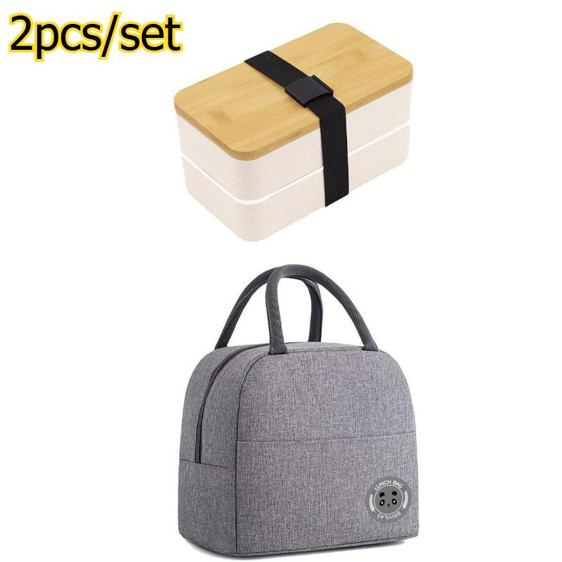

2pcs/set Double Layer Bento Box with Bamboo Lid Microwave Safe Plastic Food Container Lunch Box with Lunch Bag 1&1200ml&2 білий