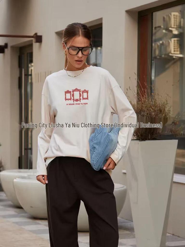 Autumn Retro American Style 100% Cotton Slimming Long-Sleeve Print T-shirt