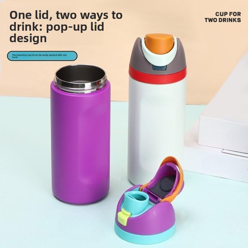 304 stainless steel water bottle - Large capacity portable bouncing insulated cup - Handheld double drinking straw cup