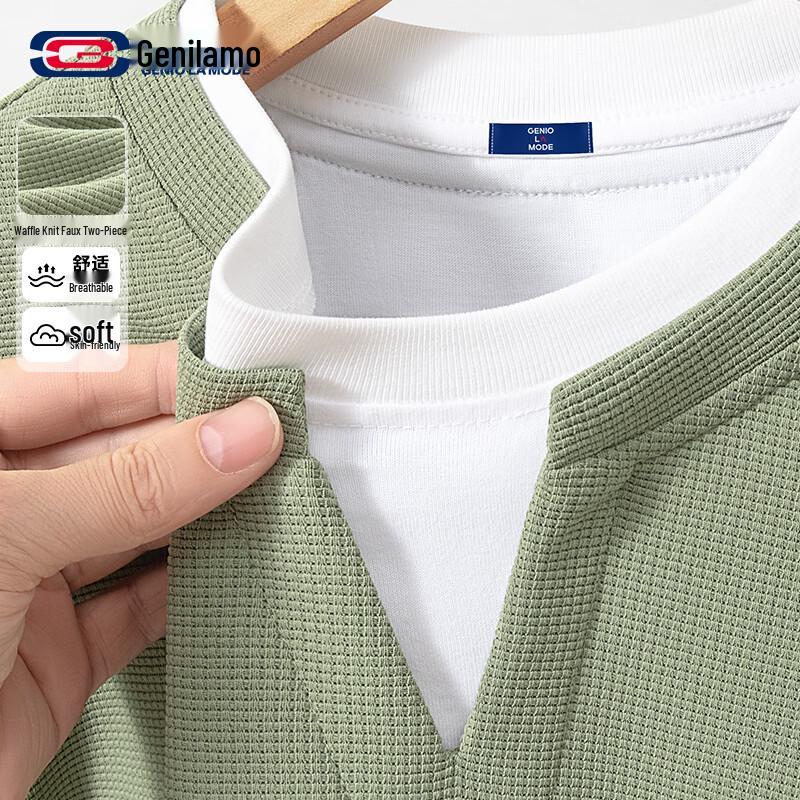 GENIOLAMODE Men s Waffle Knit Faux Layer V-Neck Long Sleeve T-Shirt XL