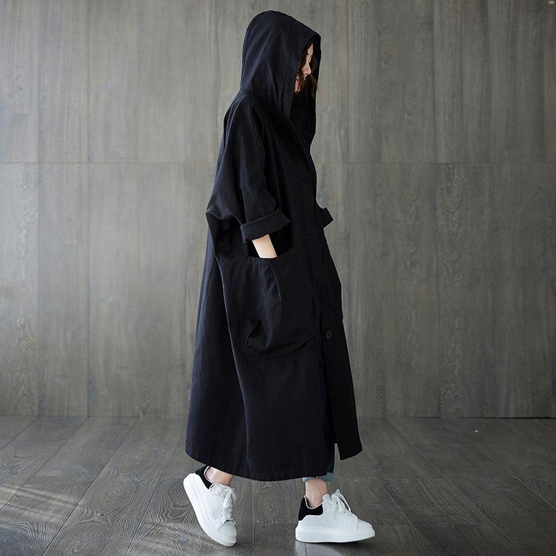 Autumn Loose Oversized Knee Length Trench Coat Large Pockets Women's Hooded Casual Jacket