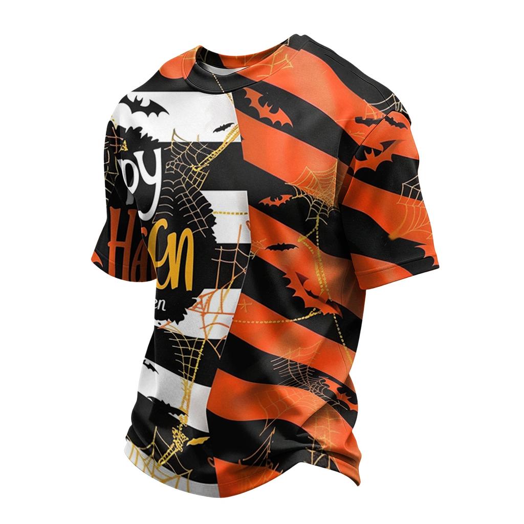 Men's Casual Quick-Dry Breathable Mesh Short Sleeve T-Shirt Lightweight Round Neck Top Halloween Print Design Suitable for Outdoor Activities