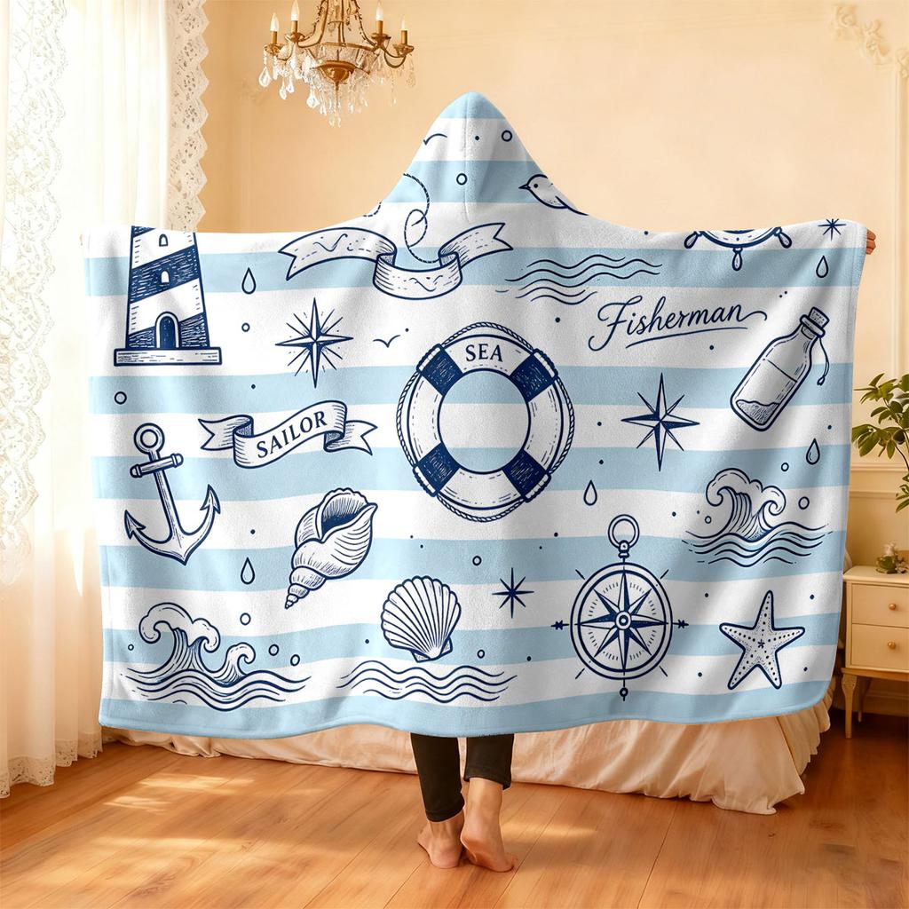 1pc Sailing Ship Anchor Printed Flannel Hoodie Wearable Cloak Blanket Soft Warm Multi Size Casual Blanket Machine Washable