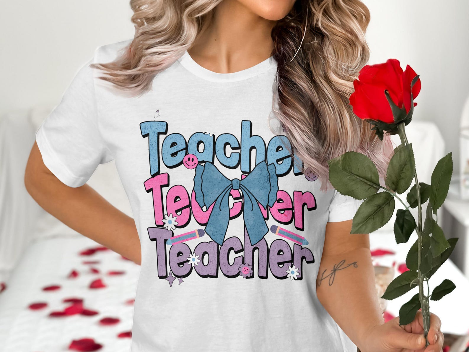 Groovy Teacher T-Shirt with Bow Design | Daisy pencil | Bella 3001 L