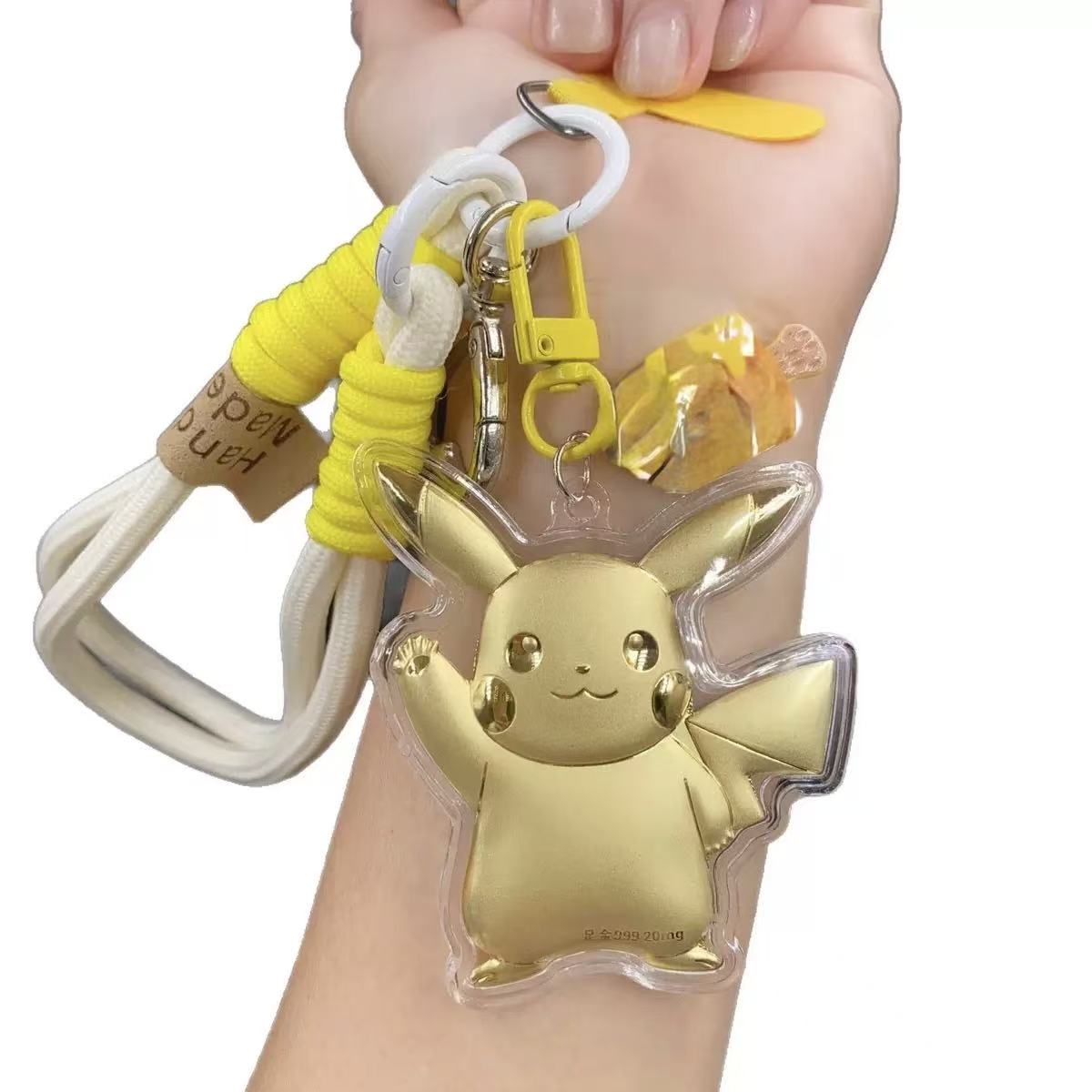 New Pikachu Keychain Shiny Gold Bling Phone Strap Lanyard Cute Anime Bag Charm Pendant Glitter Sparkle Cartoon Figures Gift