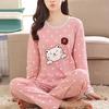 Casual Women Cartoon Animal Print O Neck Top Long Pants Pajamas Sleepwear Set