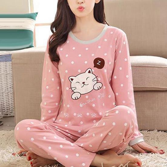 Casual Women Cartoon Animal Print O Neck Top Long Pants Pajamas Sleepwear Set