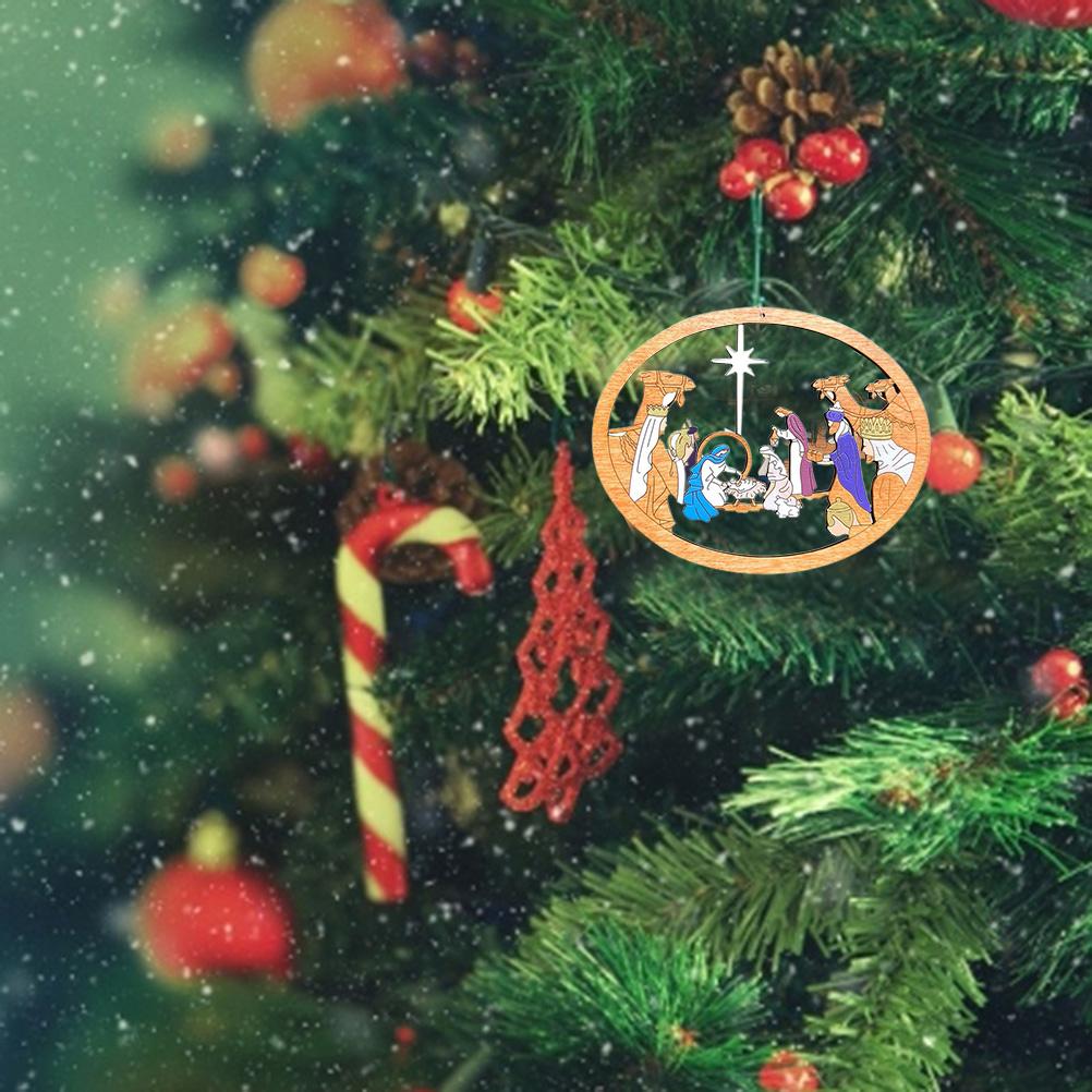 Color Hollowed Nativity Scene Pendant Christmas Tree Wooden Hanging Ornament Christmas Decoration