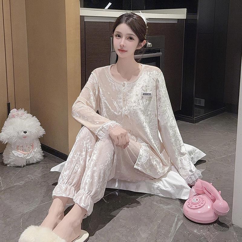 Luxurious Women's Long-Sleeve Gold Velvet Pajama Set