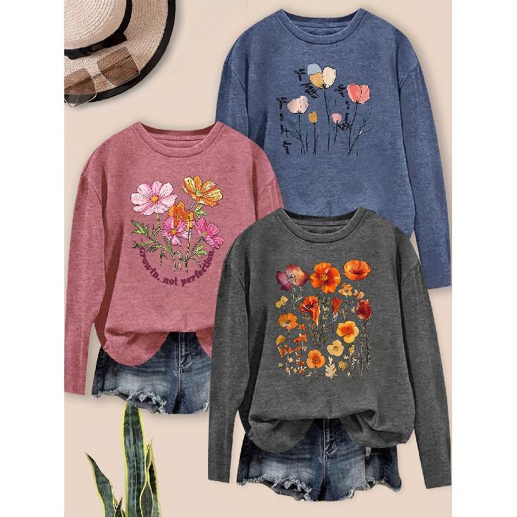 Women's Casual Elegant Style Colorful Floral Print Pattern Round Neck Long Sleeve for Spring, Summer, Autumn, and Winter3Set of items T