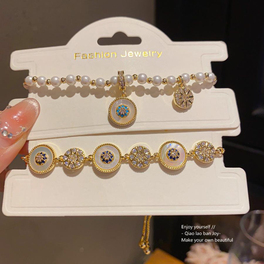 Turkish Evil Eye Beaded Bracelet, Mother-of-Pearl & Zircon Adjustable Wristband,Evil Eye Bracelet Set, Lucky Opal Jewelry