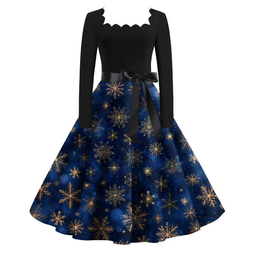 Women's Fashion Retro Long-sleeved Square Collar Christmas Printed Evening Dress
