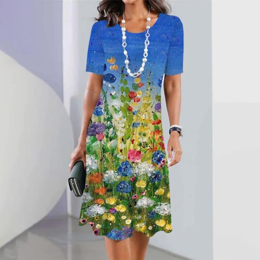 

2025 Весна Новое Модное Платье С Цветочным Принтом Короткий Рукав Женское Элегантное Повседневное Платье 5XL