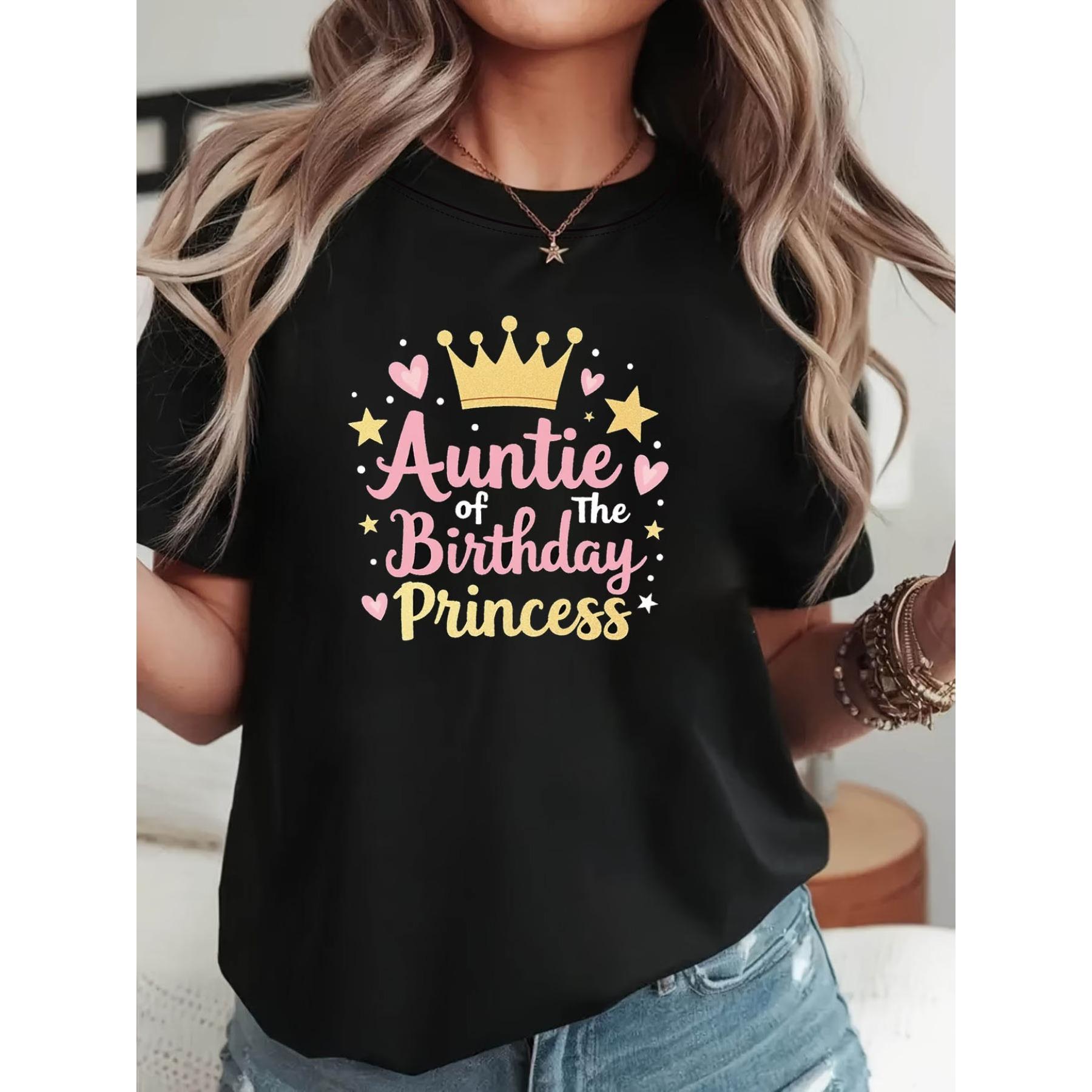 Футболка с принтом «Тетя именинницы», с коротким рукавом, с круглым вырезом, повседневный топ для лета и весны, женская одежда S чёрный