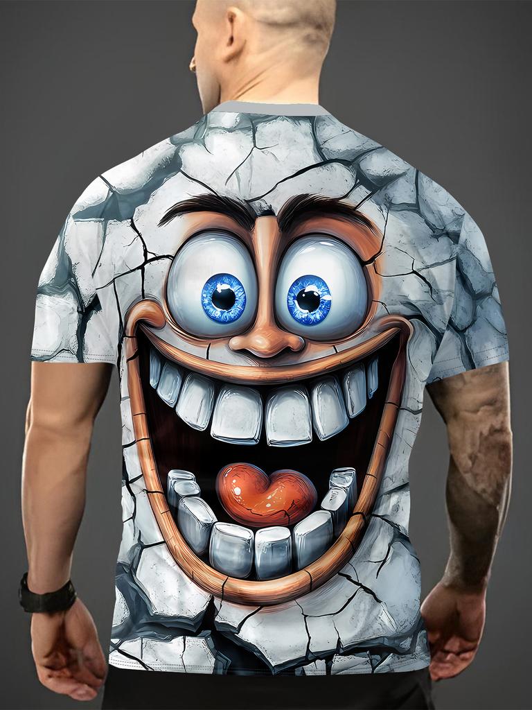 3D Cartoon Face Print Men'S Round Neck T-Shirt – Summer Casual Fashion Top, Breathable Outdoor Wear for Running & Gym, Fun Gift Idea for Trendy