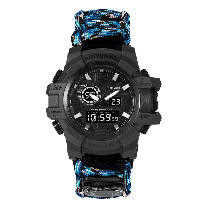 Men's Outdoor Survival Watch with Dual Display, Life-Saving Rope, Fire Starter, Whistle, and Compass