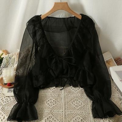Chiffon Cardigan V-tie Lace-Up Lightweight Shirt Solid Color Ruffle Trim Summer Thin Sun Protection Shirt Daily Wear