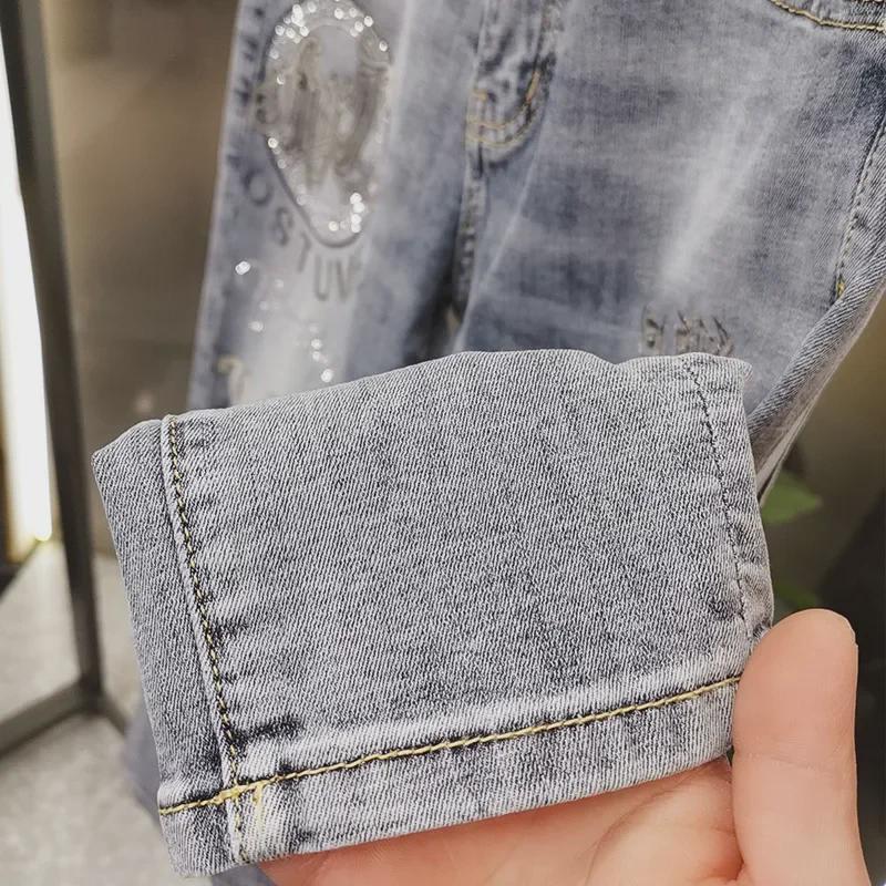 Men's Autumn European Slim-Fit Stretch Jeans with Hot Diamond Print - Trendy, Handsome, and Casual Long Pants