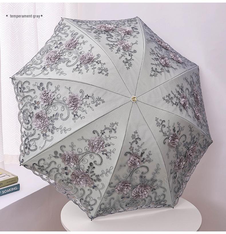 Doppellagiger bestickter Spitzen-Sonnenschirm und Regenschirm mit UV-Schutz