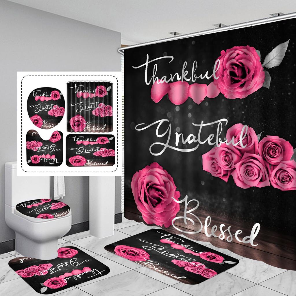 4-teiliges Duschvorhang-Set mit rutschfester Badematte, Toilettendeckelbezug, Kontur-Teppich & 12 Haken, Badezimmer