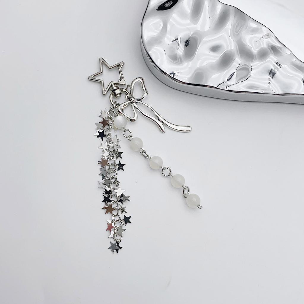 Stylish Star Tassels Bowknot Beaded Keychain Hanging Key Ring Handmade Phone Chain Accessories for Women and Teens