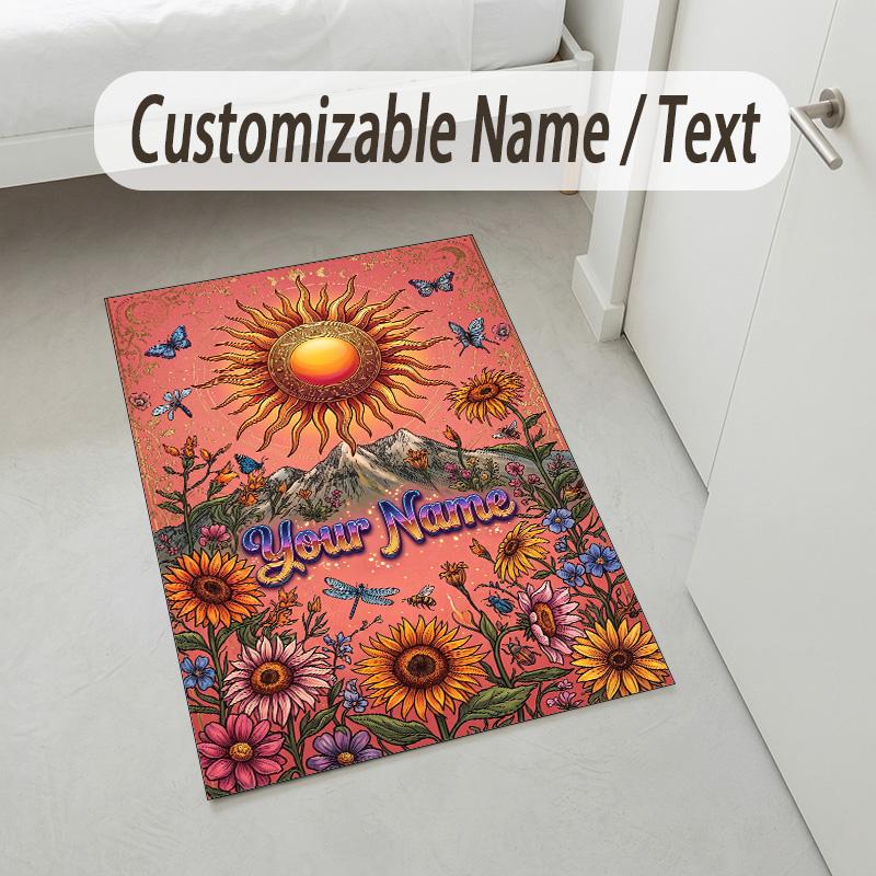 Floral Garden Theme Crystal Velvet Rug Personalized Custom Name Text Soft Floor Mat Home Decor