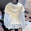 Striped Fake Two Piece Women's Hoodie Half Zip Splicing Long Sleeved Hooded Drawstring Famale Pullovers Autumn New Fashionable Loose Ladies Top