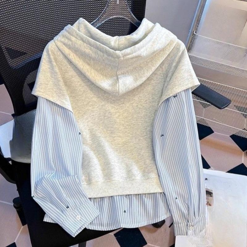 Striped Fake Two Piece Women's Hoodie Half Zip Splicing Long Sleeved Hooded Drawstring Famale Pullovers Autumn New Fashionable Loose Ladies Top