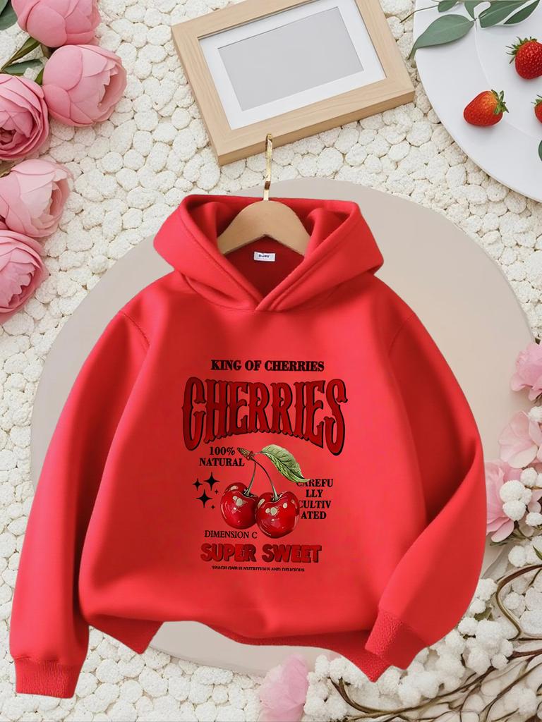 Stylish letter-themed cherry-print hooded sweatshirt for boys and girls—perfect for autumn and winter outdoor activities.