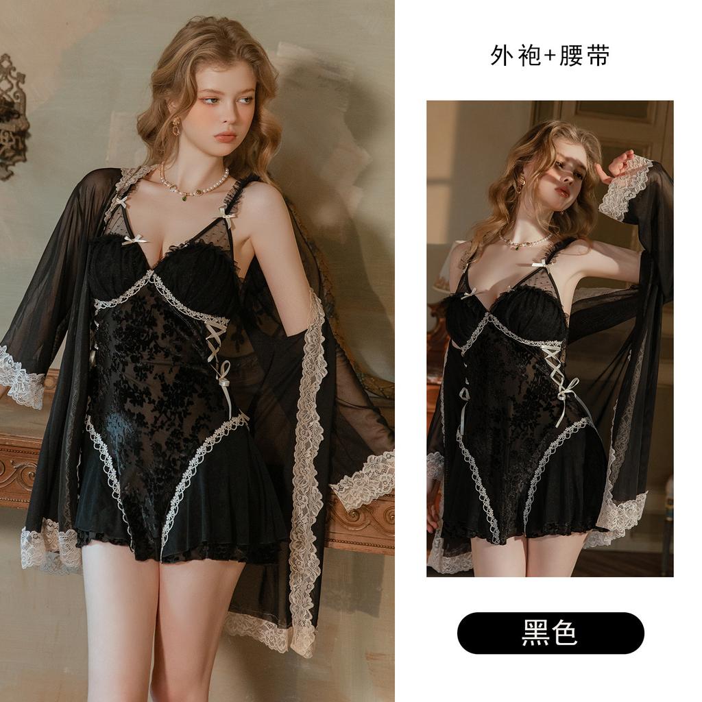 Women's Burnout Lace Mesh Lace Up Padded Sleep Dress with Robe Lounge Set
