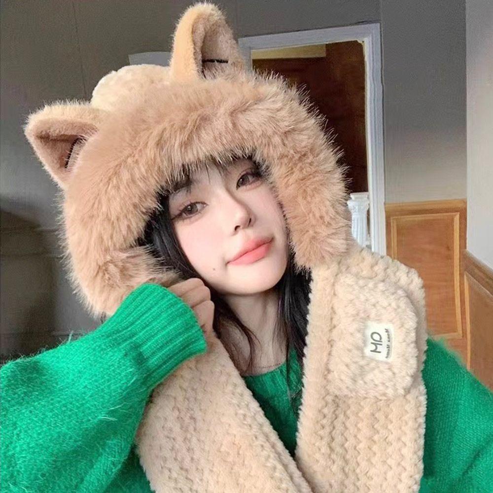 Plush Beanie Hat Scarf Thickening Ear Protection Cap Winter Scarf Set Hooded  Outdoor