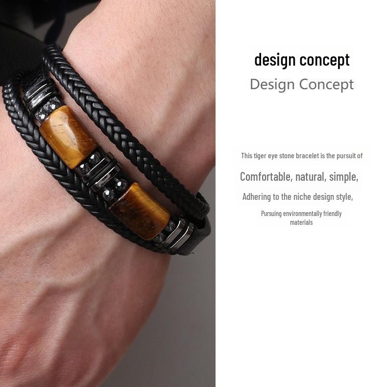 Men Retro Leather Bracelet with Tiger Eye Stone Magnetic Clasp Bracelet Weaving