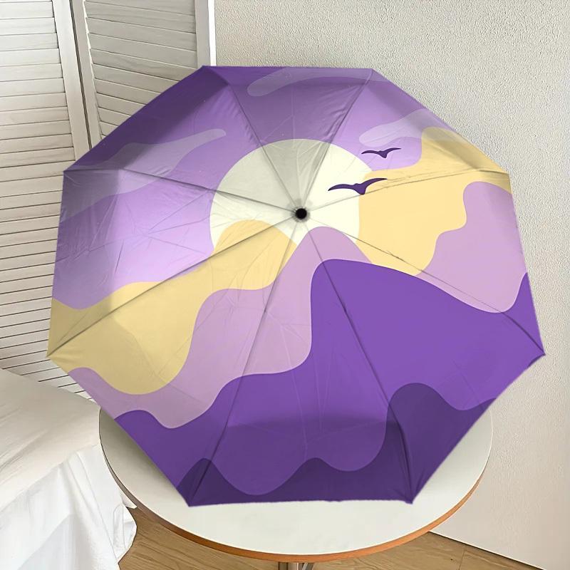 1pc Sunset Mountains Automatic Folding Umbrella 8 Rib Iron Frame,  Suitable for Travel, Daily Use, Birthday, Women & Men Gift C1231050