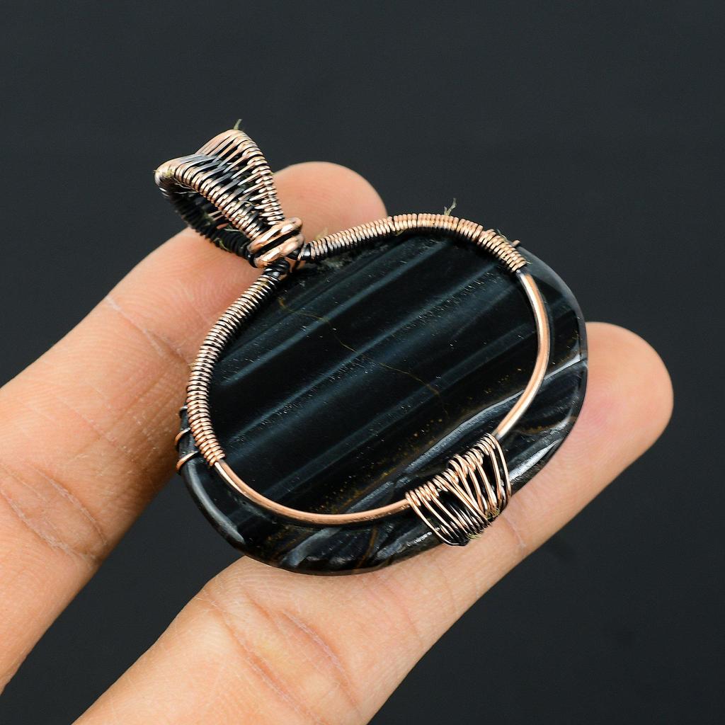 Tree Of Life Blue Tiger Eye Gemstone Copper Wire Wrap Handmade Pendant Jewelry Gift For Her