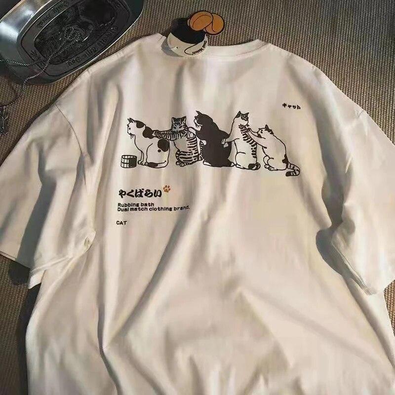 Ekte foto søt katt trykt overdimensjonert ren bomull kvinner pluss T-skjorte rund hals kort t-skjorte