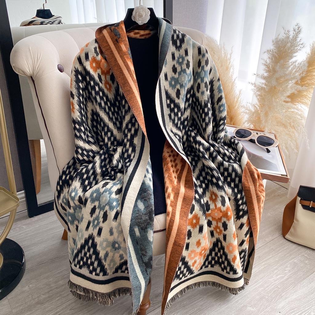 Women New Two Sided Print Imitation Cashmere Scarf Soft Warm Pashmina Shawl Autumn Winter Coldproof Windproof Blanket