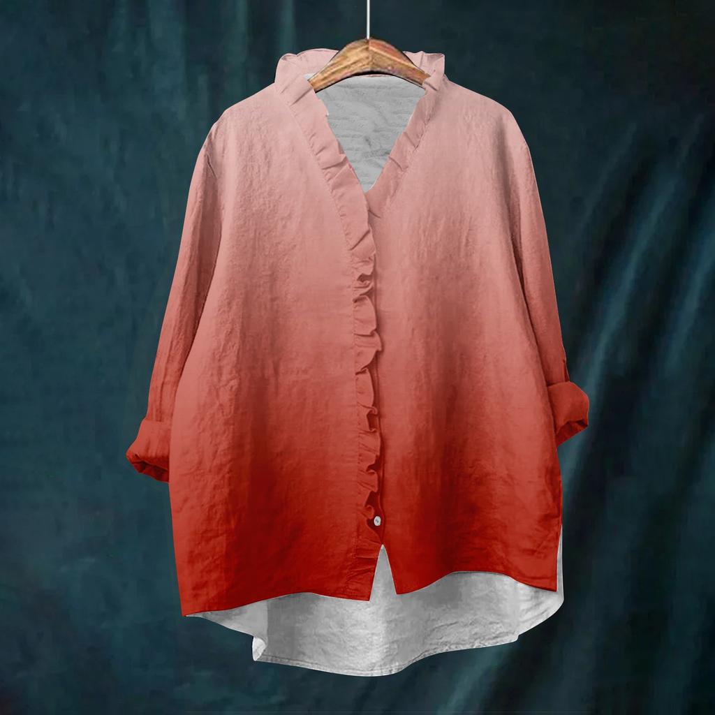 Dame Løs Volangert Blomstert Trykk Ståkrage Langermet Bomull og Lin Topp