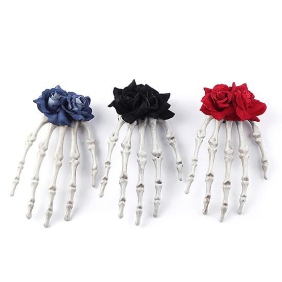 Skeleton Hand Hair Clip Gothic Barrette with Faux Roses Punk Style Hair Accessories for Halloween Themed Party Dress-up