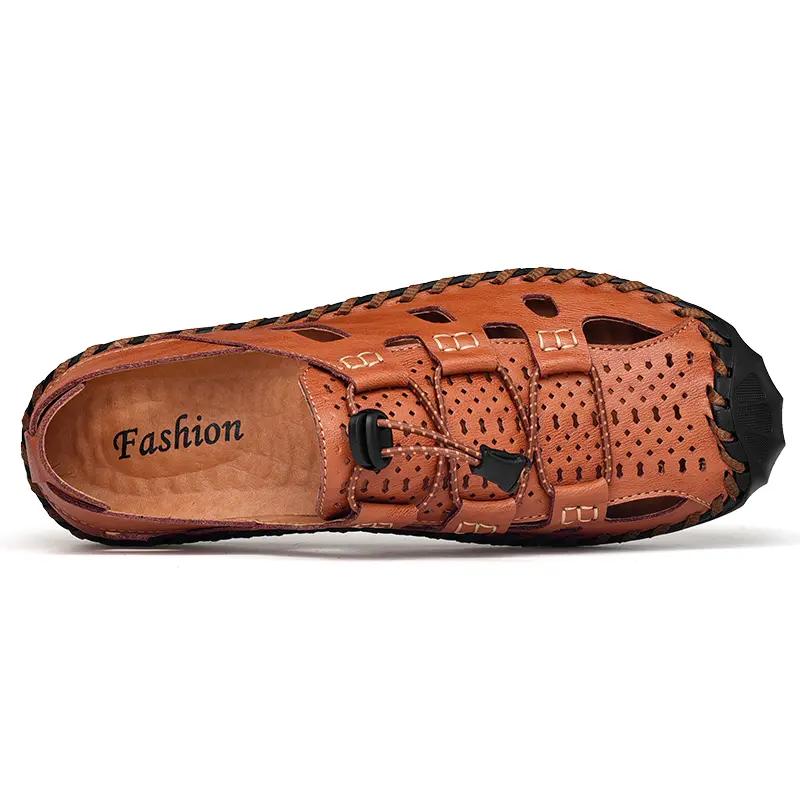 Summer Men's Hollow Leather Beach Sandals Closed Toe Slippers For Men Flip Flops Outdoor Casual Beach Shoe Wide Big Size