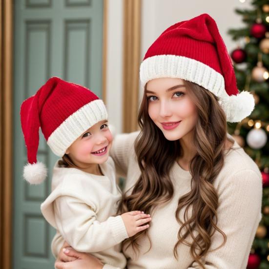 Santa Hat for Adults Kids Soft Knitted Christmas Hat Classic Red Parent-Child Skull Cap with Pompom for Xmas New Year Party Supplies