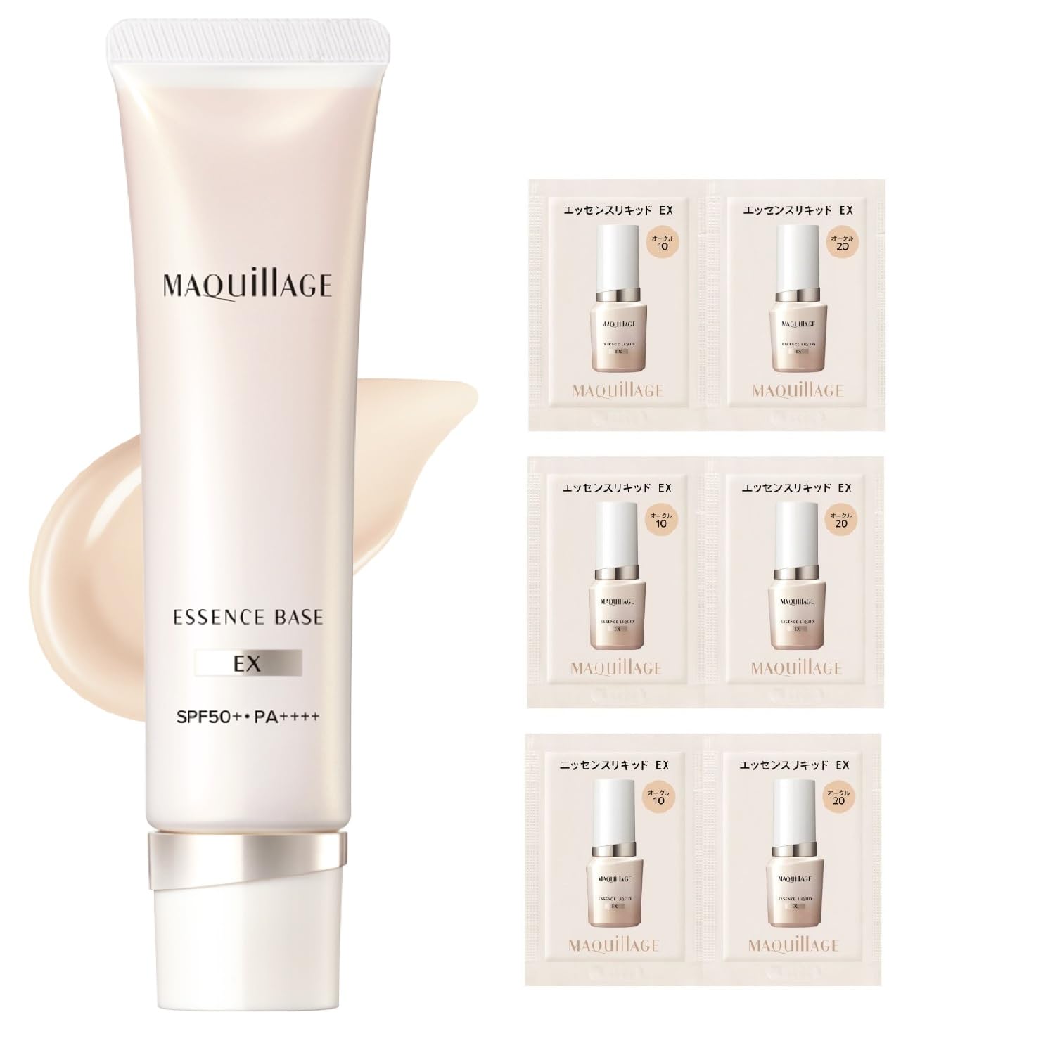 MAQUILLAGE Makeup Base Set: Essence Base EX Pure Ivory + Foundation Sample Included. 30g SPF50+ PA++++. Creamy texture, provides a radiant, translucen