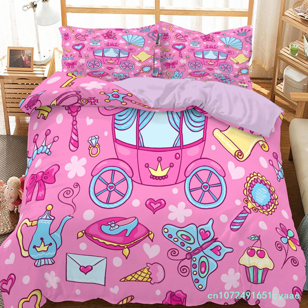 Kids Cartoon Duvet Cover Set Full/Queen Microfiber 3D Bedding Set Soft Pink Castle Princess Comforter Cover With Home Textile
