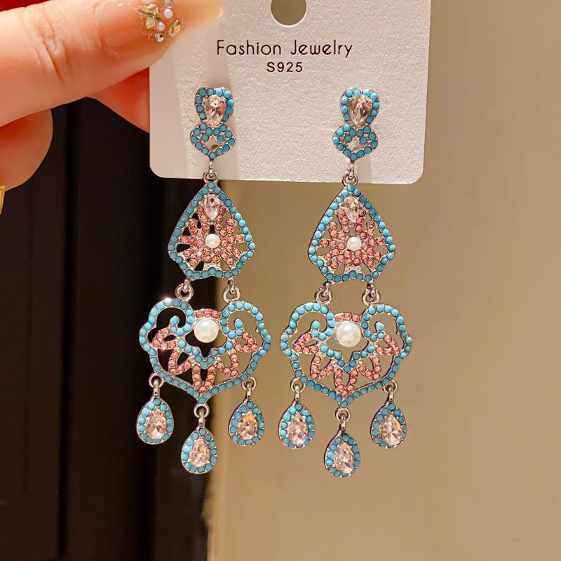 Retro Silver Needle Zircon Glass Water Drop Earrings Court Temperament Stud Earrings Personality Trend Versatile Earrings Women