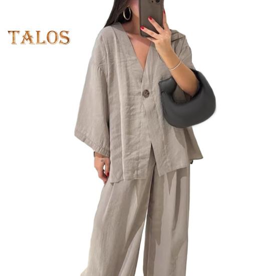 Dámský bavlněno-lněný dvoudílný outfit s dlouhým rukávem, top s výstřihem do V a zapínáním na knoflíky, široké kalhoty, ležérní souprava na doma